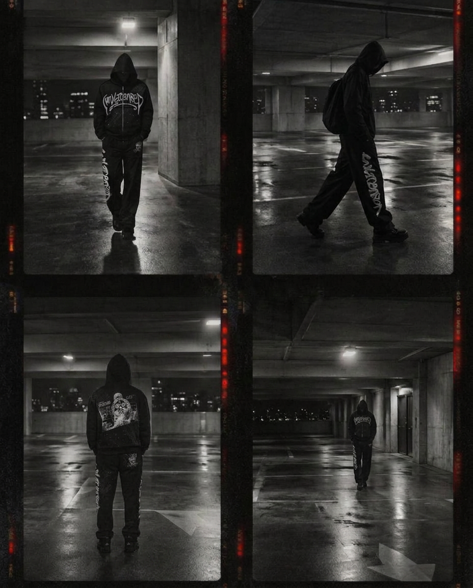 Four-frame sequence of a hooded model in a parking structure