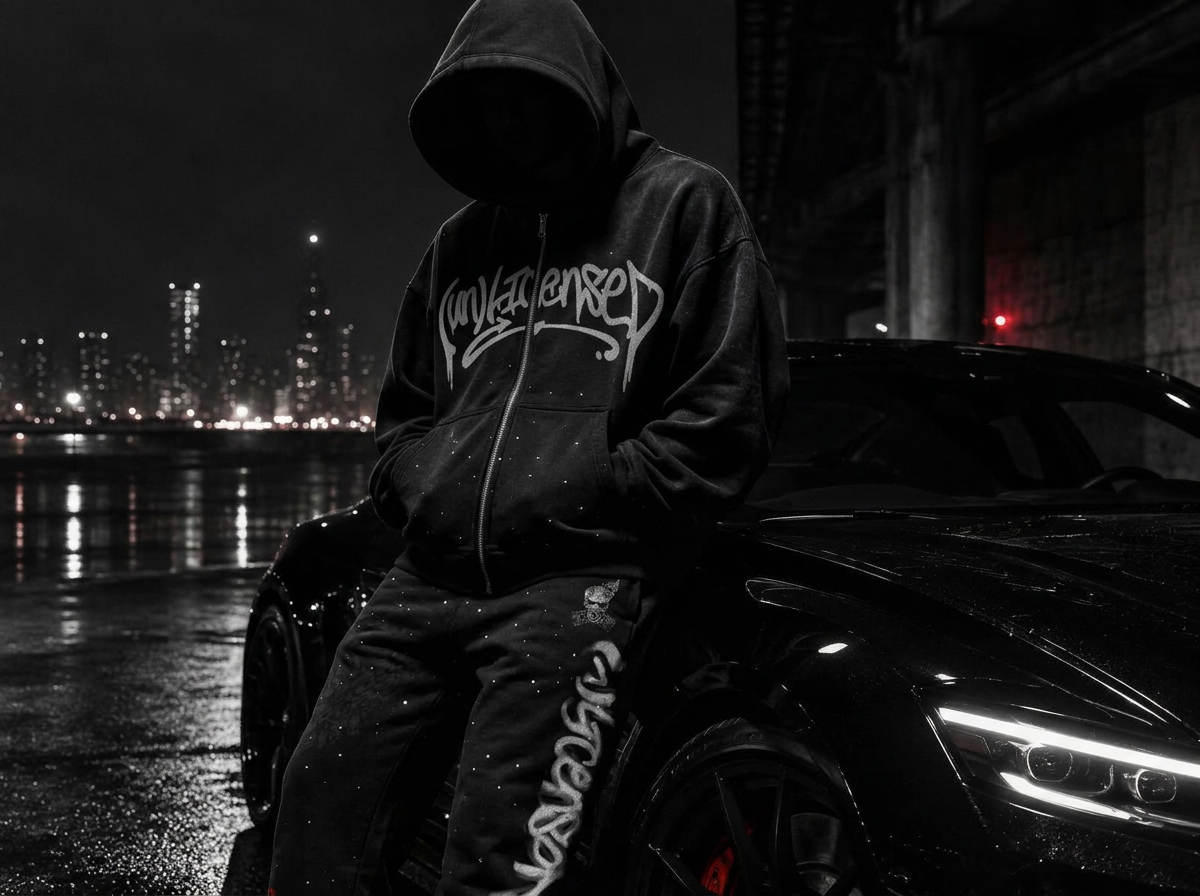 Model wearing a premium black hoodie beside a car