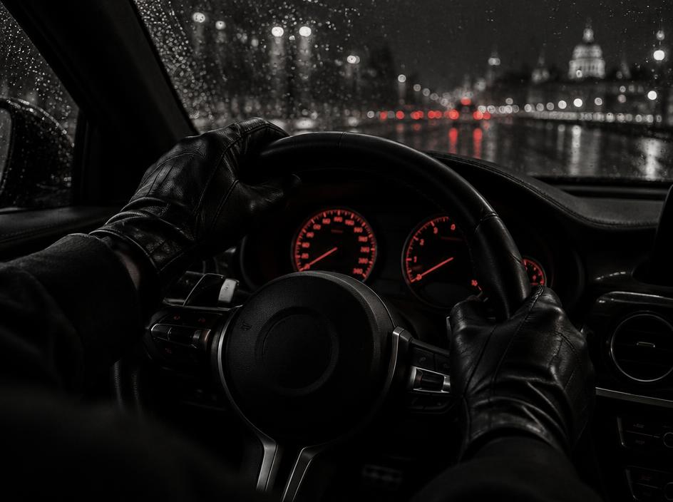 Leather-gloved hands on a steering wheel at night
