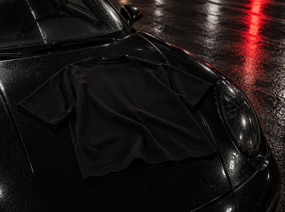 Premium black tee arranged on a rain-covered car